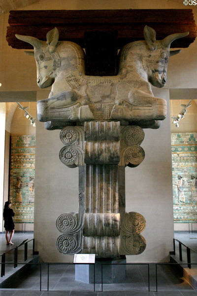 Capital in form of two bulls (510 BCE) for supporting ceiling beams of Persian palace of Darius I at Suse (Iran) at the Louvre Museum. Paris, France.