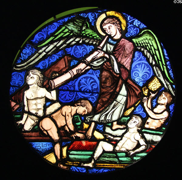 Resurrection from last judgment stained glass window from Sainte-Chapelle in Paris at Cluny Museum. Paris, France.