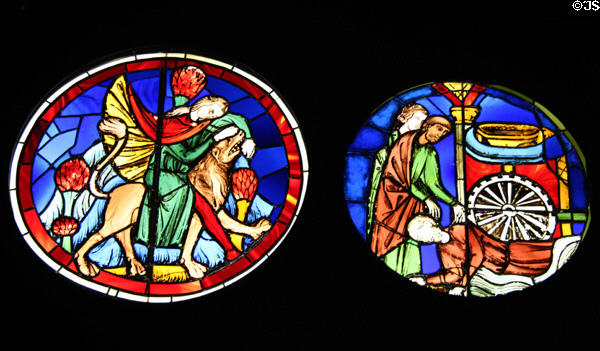Samson & the Lion plus captivity by Philistines stained glass windows from Sainte-Chapelle in Paris at Cluny Museum. Paris, France.