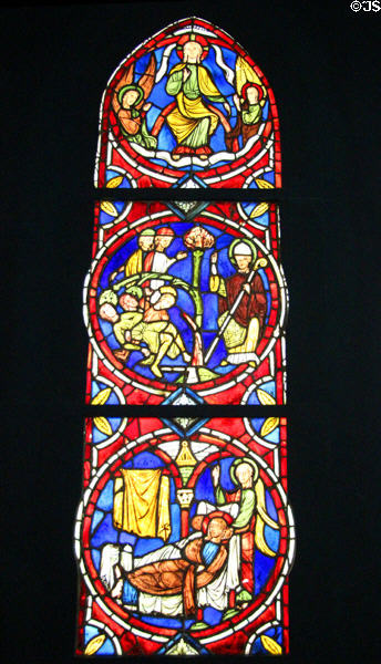 Stained glass window with Christ & angels; Jesse Tree; & Chist entombed at Cluny Museum. Paris, France.