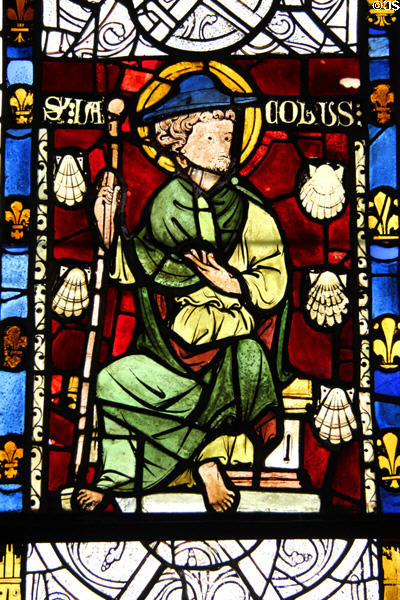 Apostle St James Major stained glass (before 1270) from Chapel of Chateau of Rouen at Cluny Museum. Paris, France.