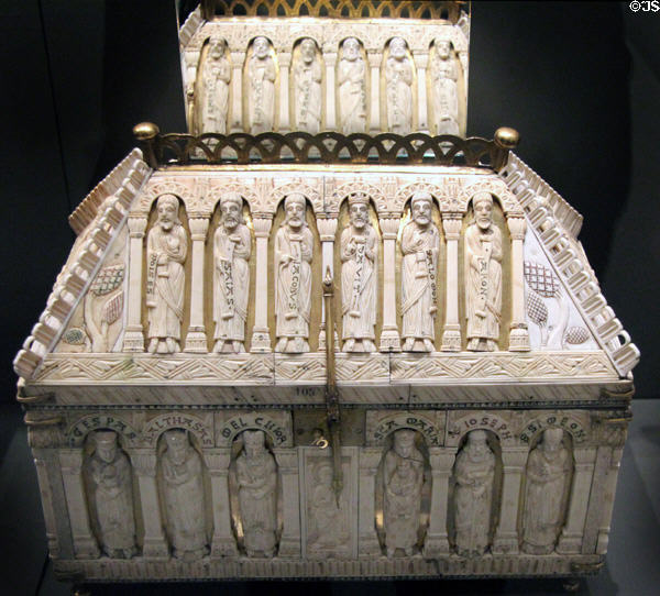 Reliquary box with copper fittings & bone carvings of Biblical characters (c1200) from Cologne at Cluny Museum. Paris, France.