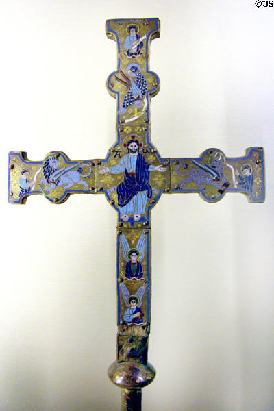 Enameled cross with Christ & Evangelist symbols (1225-35) from Limoges at Cluny Museum. Paris, France.