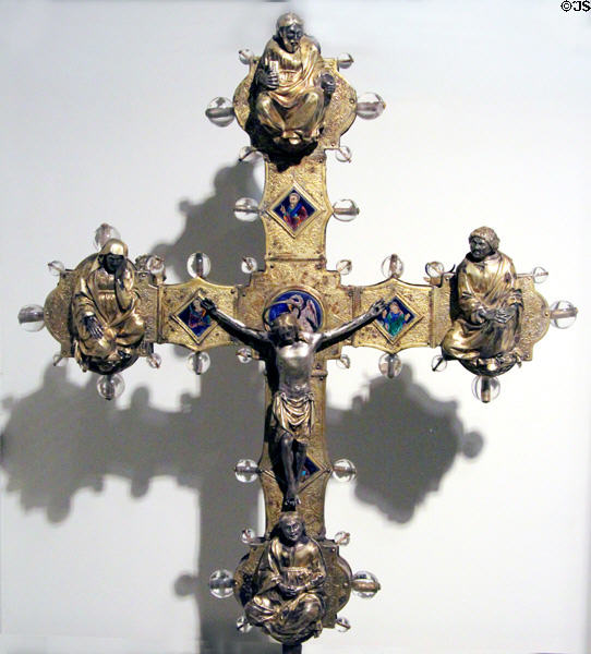 Enameled processional cross with Christ & saints (mid 15thC) from Italy at Cluny Museum. Paris, France.