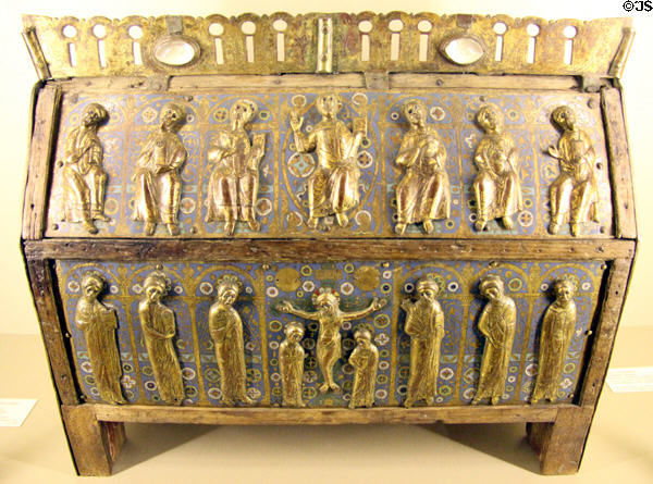 Enameled copper reliquary with scenes of St Fausta (mid 13thC) from Limoges at Cluny Museum. Paris, France.