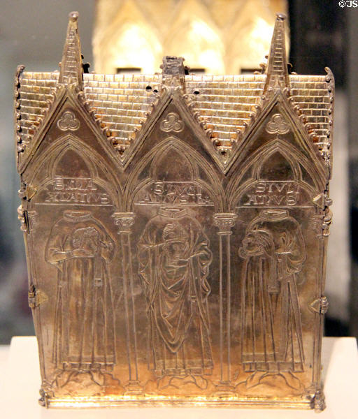 Engraved silver reliquary (c1261-2) from Paris at Cluny Museum. Paris, France.
