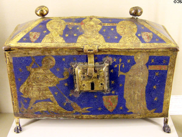 Enameled copper box with arms of Canilhac family (mid 14thC) from Languedoc or Provence at Cluny Museum. Paris, France.