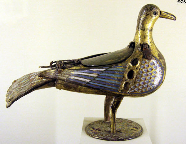 Enameled copper Eucharist dove (mid 13thC) from Limoges at Cluny Museum. Paris, France.