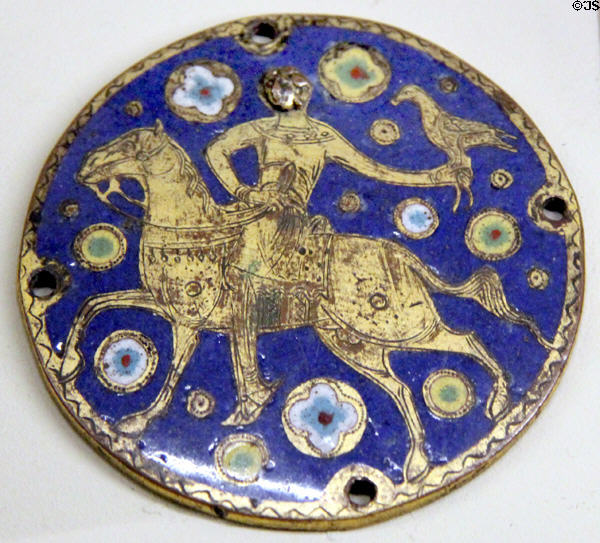 Enameled copper medallion of falconer on horseback (early 13thC) from Limoges at Cluny Museum. Paris, France.