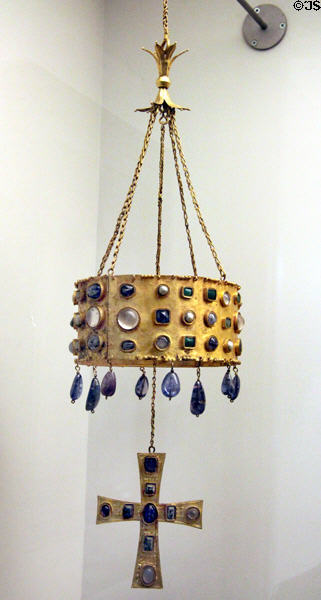 Visigoth gold hanging crown with semi-precious stones (7thC) from Spain at Cluny Museum. Paris, France.