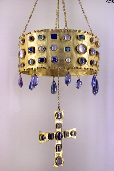 Details of Visigoth gold hanging crown with semi-precious stones (7thC) from Spain at Cluny Museum. Paris, France.