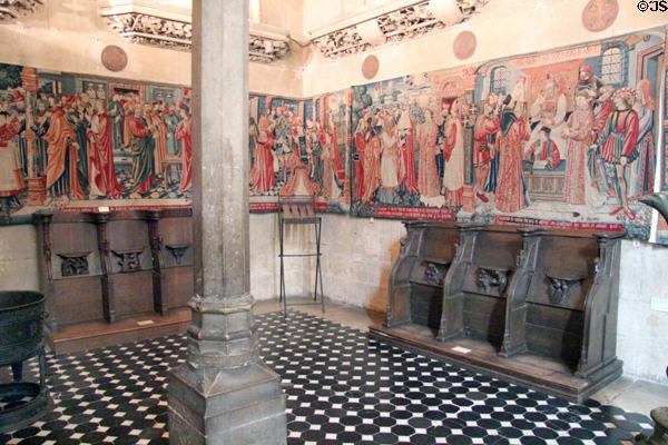 Tapestries & choir stalls in abbey chapel (15thC) at Cluny Museum. Paris, France.