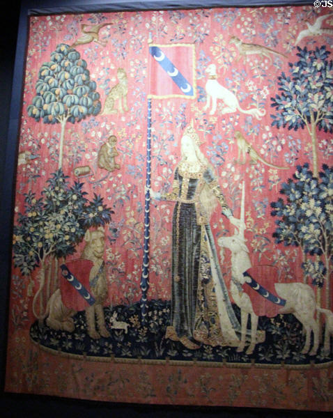 Touch panel of Lady & Unicorn tapestry series (c1500) from Paris at Cluny Museum. Paris, France.