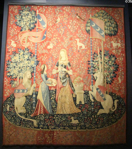 Smell panel of Lady & Unicorn tapestry series (c1500) from Paris at Cluny Museum. Paris, France.