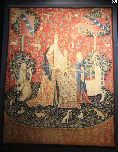 Hearing panel of Lady & Unicorn tapestry series (c1500) from Paris at Cluny Museum. Paris, France.