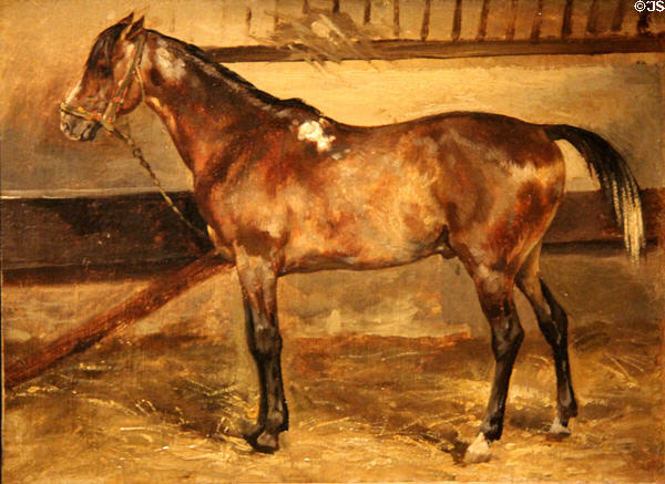 Brown horse in stable painting (1818) by Théodore Géricault at Petit Palace Museum. Paris, France.