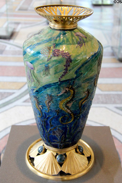 Sea scene enamelled copper vase (c1912) by Eugène Feuillâtre at Petit Palace Museum. Paris, France.
