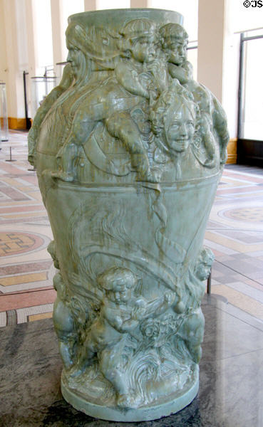 Ceramic vase with mascarons & putti (c1895) by Isidore de Rudder at Petit Palace Museum. Paris, France.