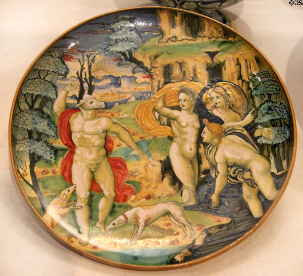 Ceramic plate painted with Metamorphosis of Actaeon (1533) by Francesco Xanto Avelli from Gubbio, Italy at Petit Palace Museum. Paris, France.