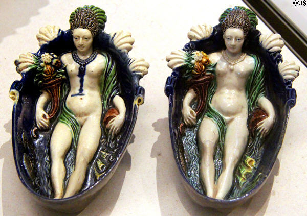 Pair of ceramic gondolas with Nymphs (early 17thC) by workshop at Fontainebleau (aka Avon?) at Petit Palace Museum. Paris, France.