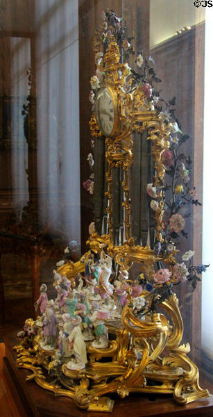 Clock (18thC) by Jean Moisy holding Meissen Concert of Apes figures (c1750s) at Petit Palace Museum. Paris, France.