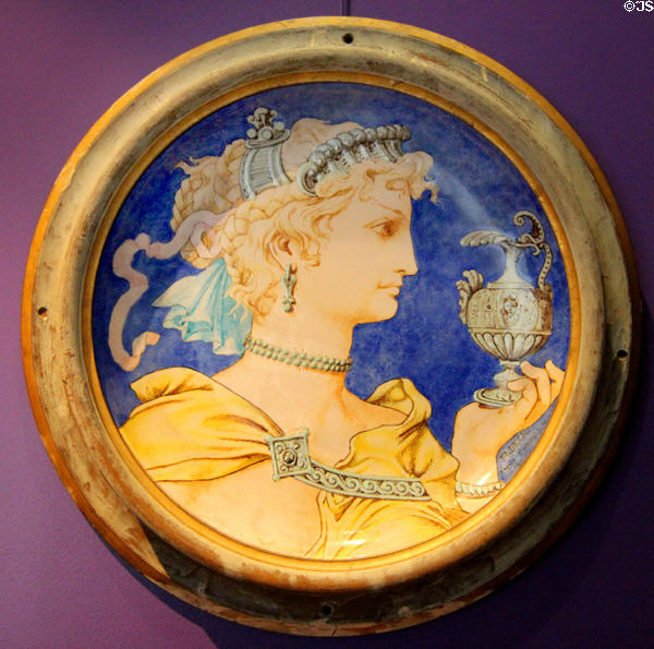 Ceramic plate (1869) showing Renaissance woman in imitation of majolica style by Emile Erhmann with Théodore Deck from Sèvres at Petit Palace Museum. Paris, France.