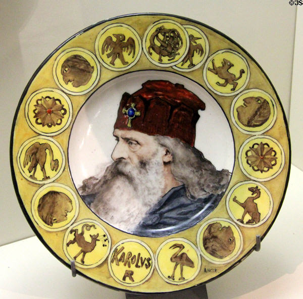 Ceramic plate (1870-5) showing Charlemagne by Albert Anker with Théodore Deck from Sèvres at Petit Palace Museum. Paris, France.