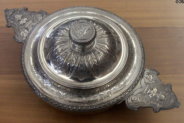 Covered silver bowl with ear handles (1724-5) by Antoine Bertin from Paris at Petit Palace Museum. Paris, France.