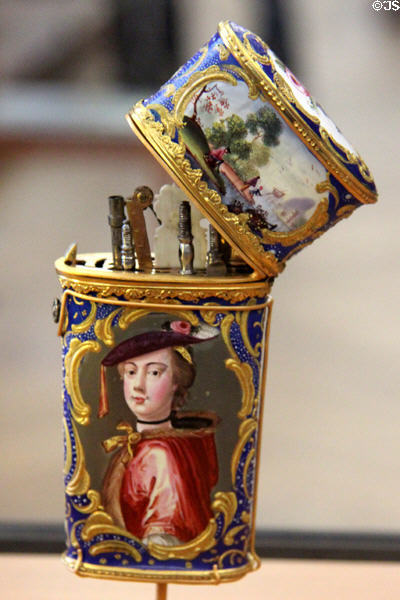 Enamelled copper case (1760-70) to hold cutlery & grooming tools with portrait & harvest scene by Richard Houston of Staffordshire? at Petit Palace Museum. Paris, France.