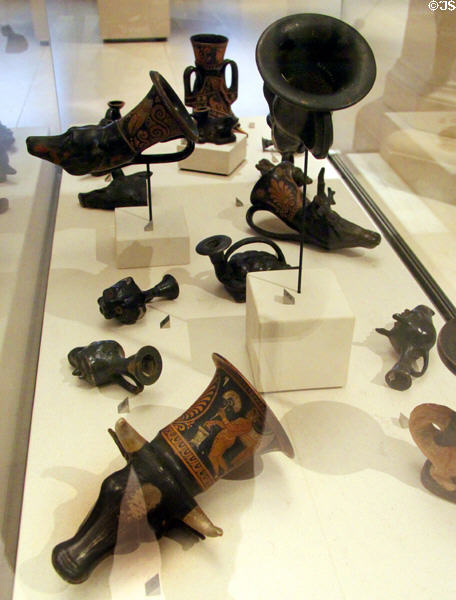 Collection of ancient Greek ceramic rhyton drinking cups at Petit Palace Museum. Paris, France.