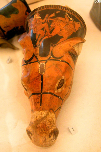 Athenian rhyton in form of head of donkey in bridle (c500-480 BCE) attrib. Painter of Colmar at Petit Palace Museum. Paris, France.