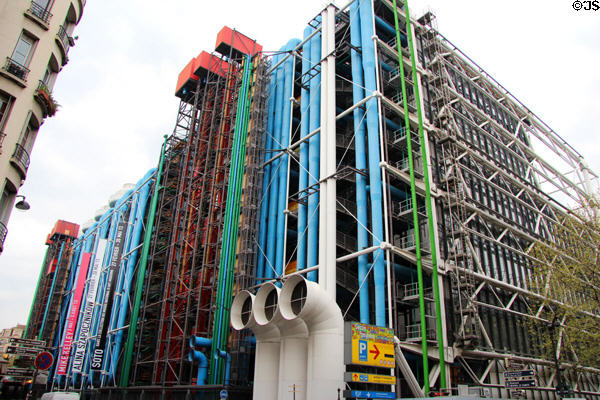 Color-coded vertical service tubes of Georges Pompidou Center. Paris, France.