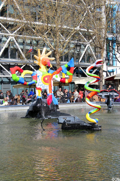 Stravinsky Fountain firebird & snake sculpture (1983) by Niki de Saint Phalle at Georges Pompidou Center. Paris, France.