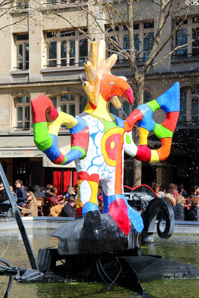 Stravinsky Fountain firebird sculpture (1983) by Niki de Saint Phalle at Georges Pompidou Center. Paris, France.