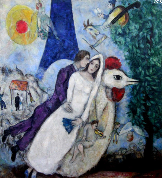 Married couple at Eiffel Tower abstract painting (1938-9) by Marc Chagall at Georges Pompidou Center. Paris, France.