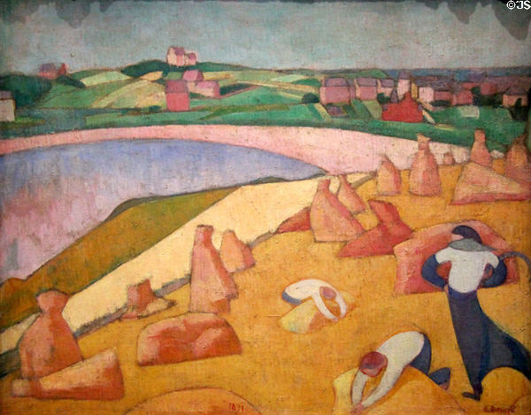 Harvesters beside the Sea painting (1891) by Émile Bernard at Musée d'Orsay. Paris, France.
