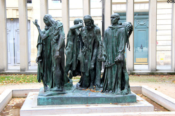 Monument to Burghers of Calais (1889; cast 1926) by Auguste Rodin to remember six Calais dignitaries who surrendered to England during Hundred Years' War (1337-1453) to save town at Rodin Museum. Paris, France.