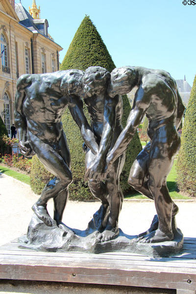 Three shades (identical figures taken from Gates of Hell) bronze sculpture (1902-4) by Auguste Rodin at Rodin Museum. Paris, France.