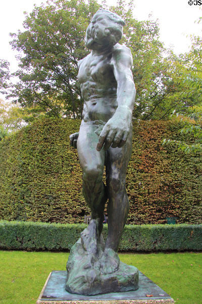 The Shade bronze sculpture from Gates of Hell (1904) by Auguste Rodin at Rodin Museum Garden. Paris, France.