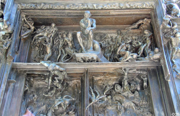 Upper details of Gates of Hell doors inspired by Dante's Inferno by Auguste Rodin at Rodin Museum. Paris, France.