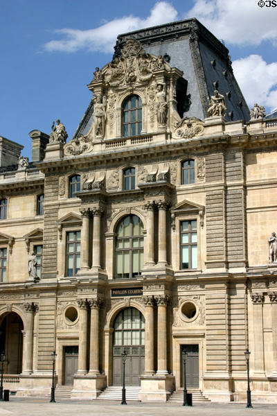 Architectural details of Colbert Pavilion of Louvre Palace & Museum. Paris, France.