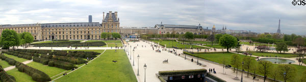 Panorama of Tuileries gardens & Flore Pavilion of Louvre Palace before Les Invalides & Eiffel Tower. Paris, France.