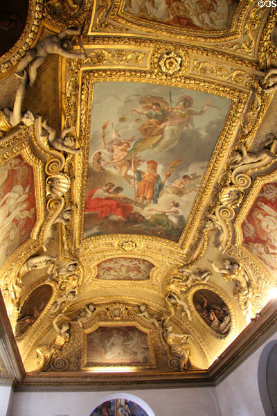Classically themed ceiling at Louvre Museum. Paris, France.