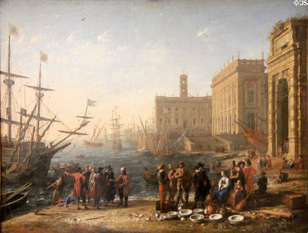 View of a port with the Capitol painting (1636) by Claude Lorrain at Louvre Museum. Paris, France.