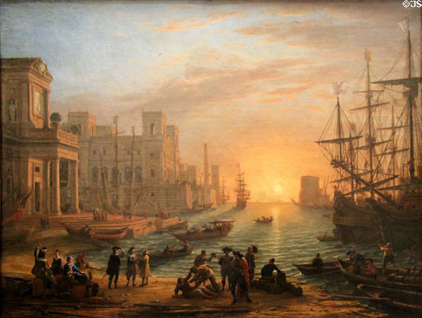 Seaport at sunset painting (1682) by Claude Lorrain at Louvre Museum. Paris, France.