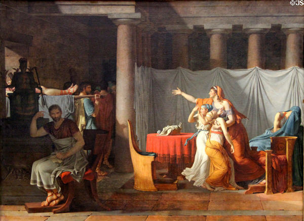 Lictors Bringing Brutus the Bodies of His Sons painting (1789) by Jacques-Louis David at Louvre Museum. Paris, France.