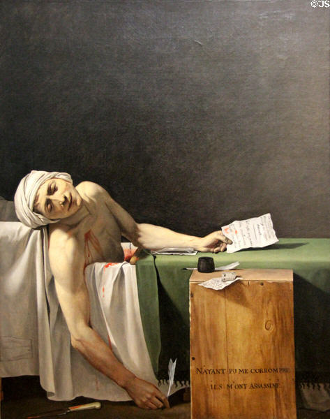 Death of Marat painting (1793) by Jacques-Louis David at Louvre Museum. Paris, France.
