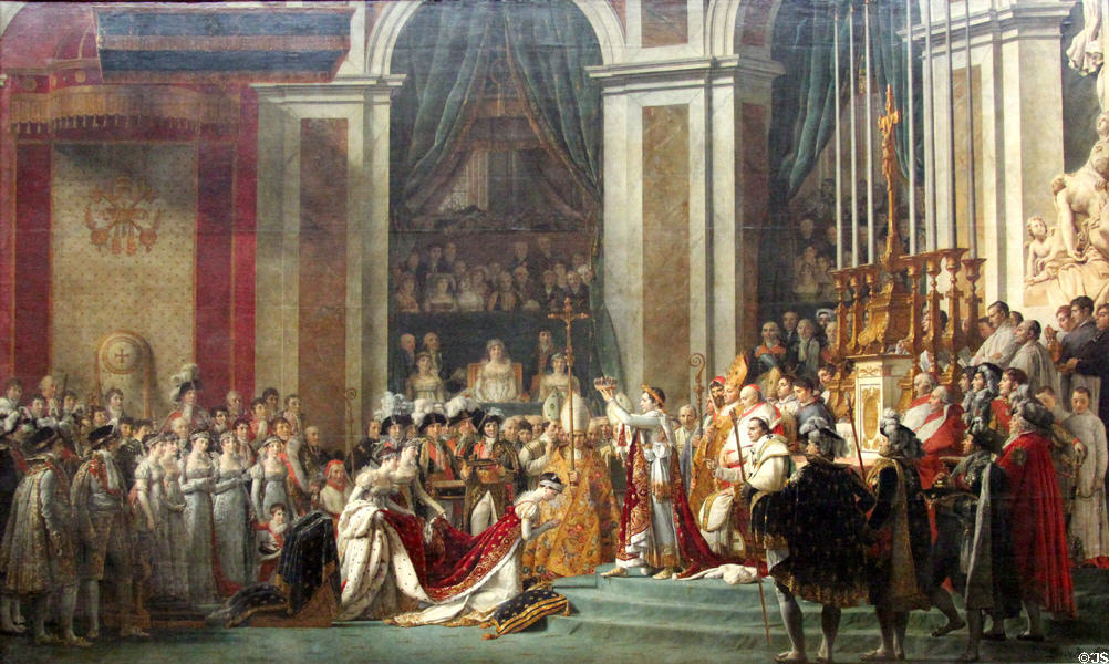 Consecration of Emperor Napoleon I on Dec. 2, 1804 in Notre Dame Cathedral painting (1806-7) by Jacques-Louis David at Louvre Museum. Paris, France.