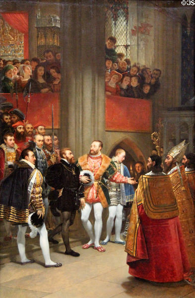 François I & Holy Roman Emperor Charles V visiting tombs of Church of St.-Denis in 1540 painting (1811) by Antoine Jean Gros at Louvre Museum. Paris, France.