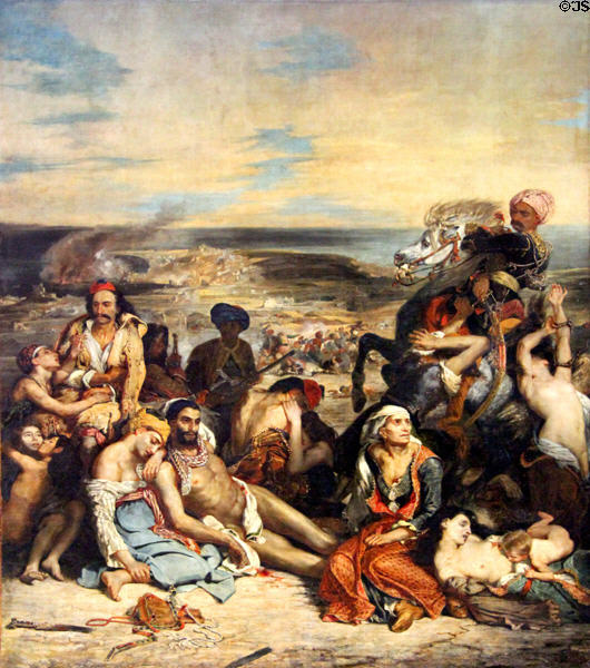 Massacre at Chios (Scio); Greek Families await Death or Slavery painting (1824) by Eugène Delacroix at Louvre Museum. Paris, France.